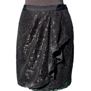 Cache Black Lace Faux Wrap Stretch Ruched Cinched Self Belt Lined Skirt $138 NWT